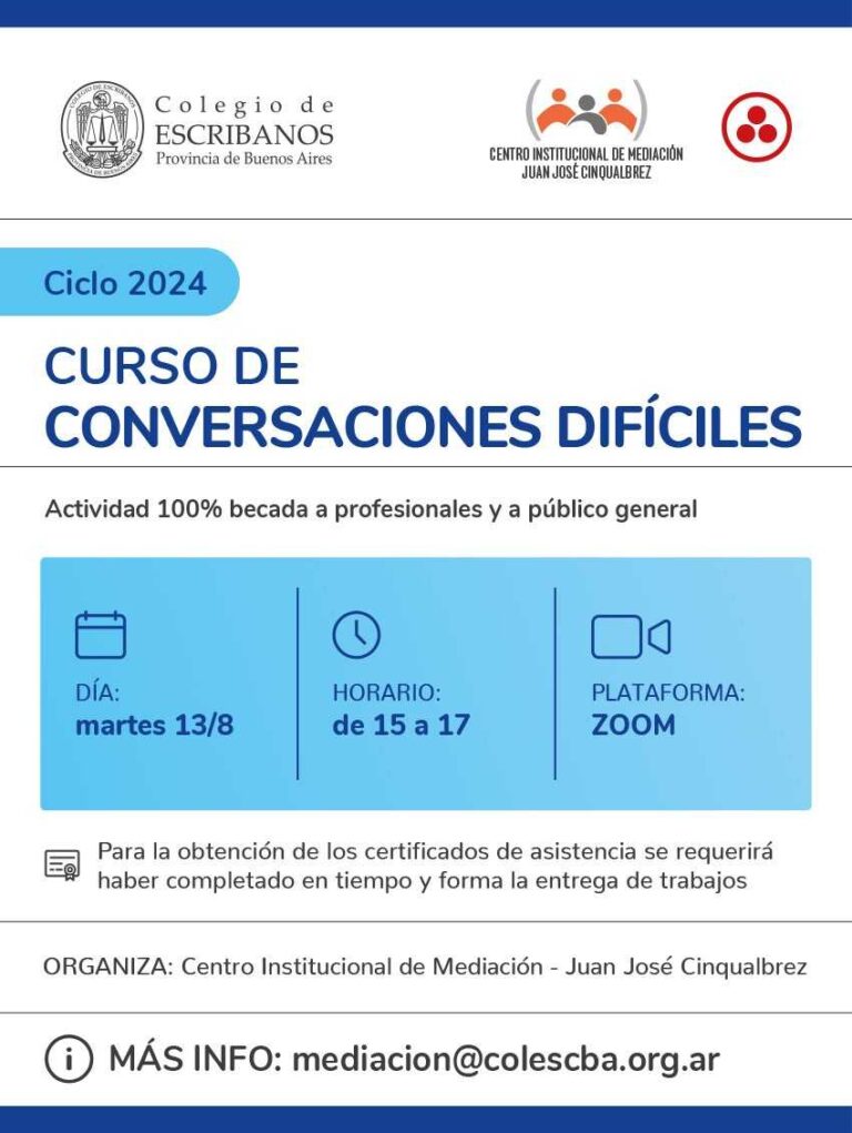 Lee más sobre el artículo Centro Institucional de Mediación – Curso de Conversaciones Difíciles por plataforma zoom